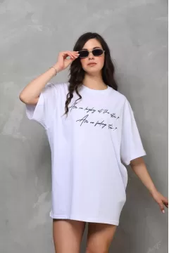 Unisex Bisiklet Yaka Baskılı Oversize T-Shirt - Beyaz