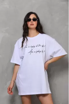 Unisex Bisiklet Yaka Baskılı Oversize T-Shirt - Beyaz