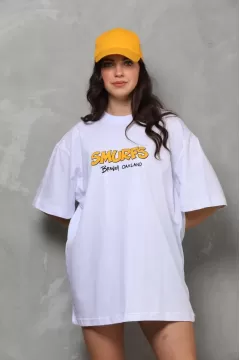 Unisex Bisiklet Yaka Baskılı Oversize T-Shirt - Beyaz