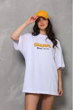 Unisex Bisiklet Yaka Baskılı Oversize T-Shirt - Beyaz