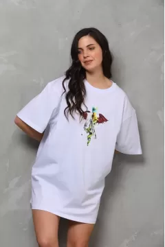 Unisex Bisiklet Yaka Baskılı Oversize T-Shirt - Beyaz