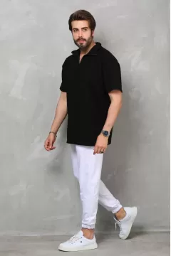 Yakalı Yarım Fermuarlı Oversize T-shirt - Siyah