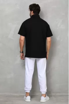 Yakalı Yarım Fermuarlı Oversize T-shirt - Siyah