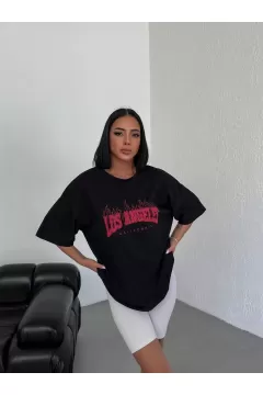 Unisex Bisiklet Yaka Baskılı Oversize T-Shirt - Siyah