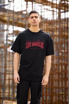 California Alt Baskılı Oversize T-Shirt - Siyah