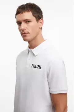 Düğmeli Yaka Polızeı Baskılı T-Shirt - Beyaz