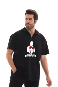 Stronger Baskılı Yarım Fermuarlı Oversize T-Shirt - Siyah