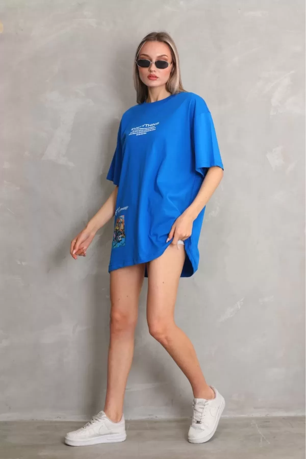 Unisex Bisiklet Yaka Baskılı Oversize T-Shirt - Mavi