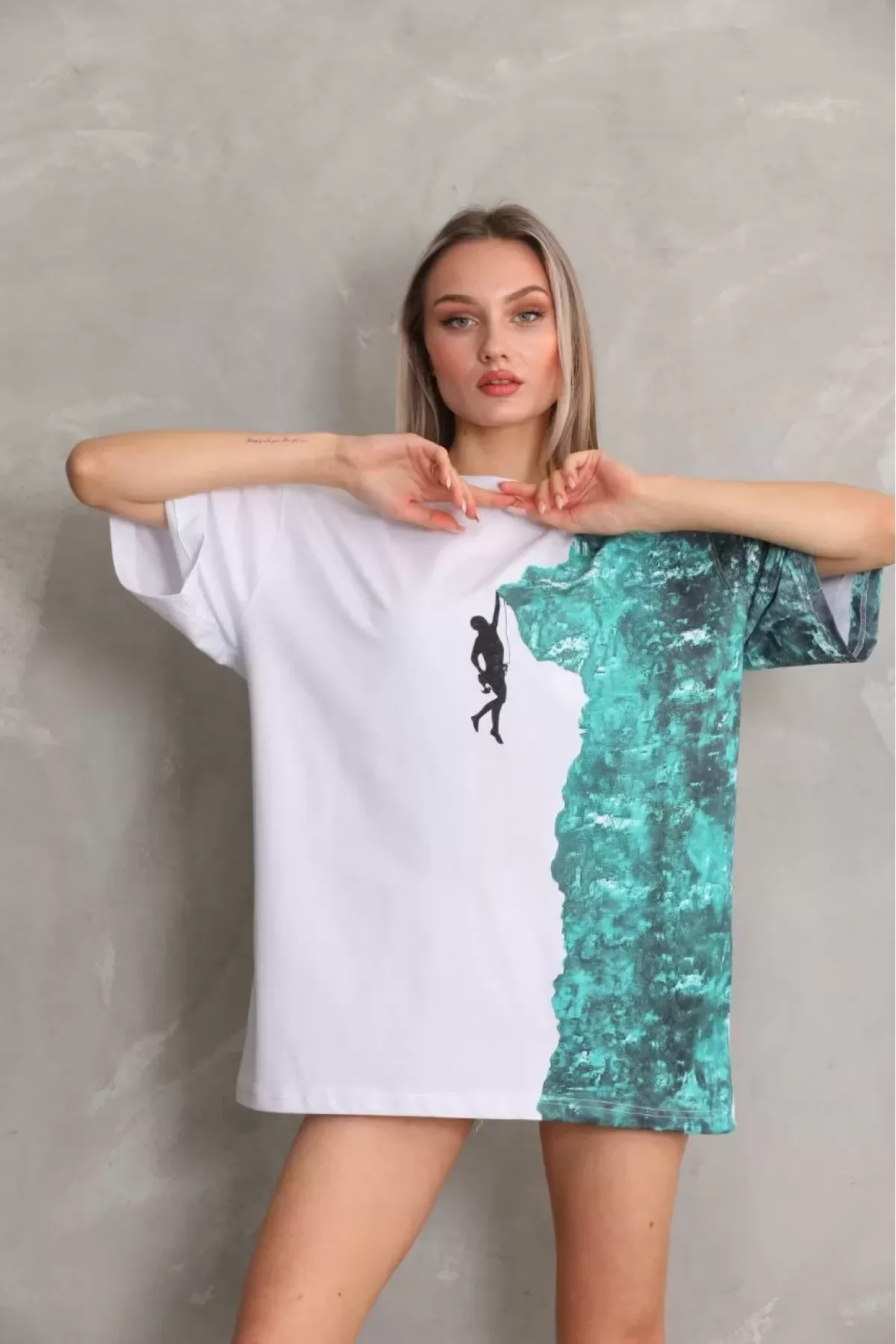 Unisex Bisiklet Yaka Baskılı Oversize T-Shirt - Beyaz