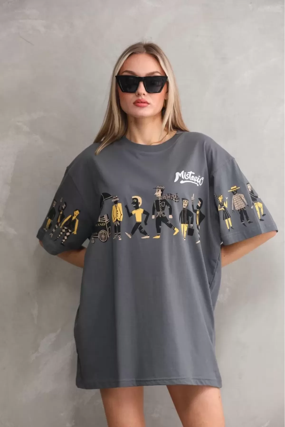 Unisex Bisiklet Yaka Baskılı Oversize T-Shirt - Gri