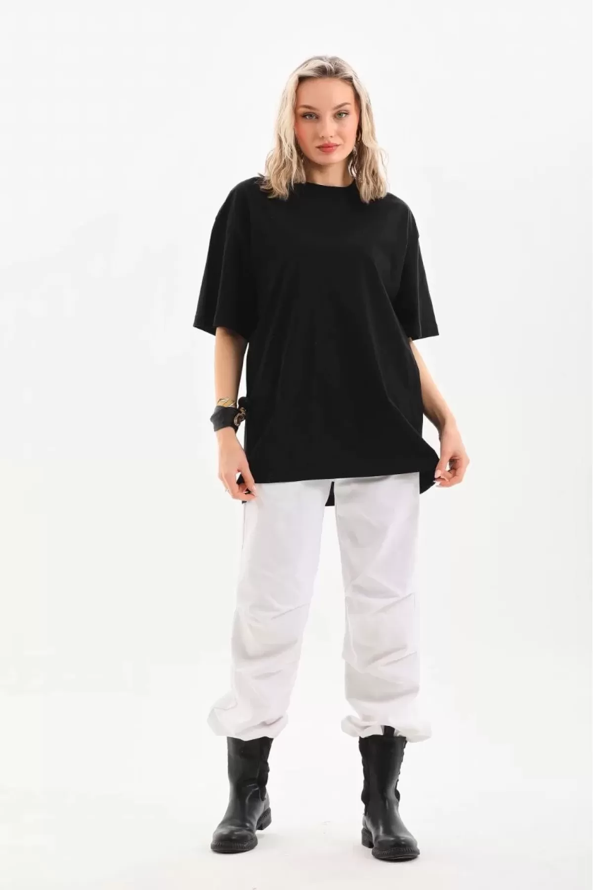 Unisex Bisiklet Yaka 20/1 Düz Oversize T-Shirt - Siyah