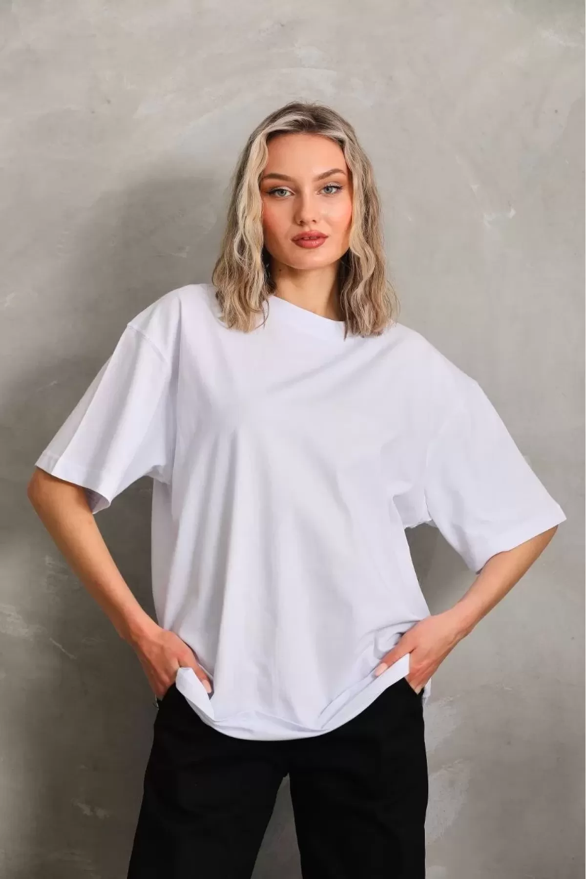 Unisex Bisiklet Yaka 20/1 Düz Oversize T-Shirt - Beyaz