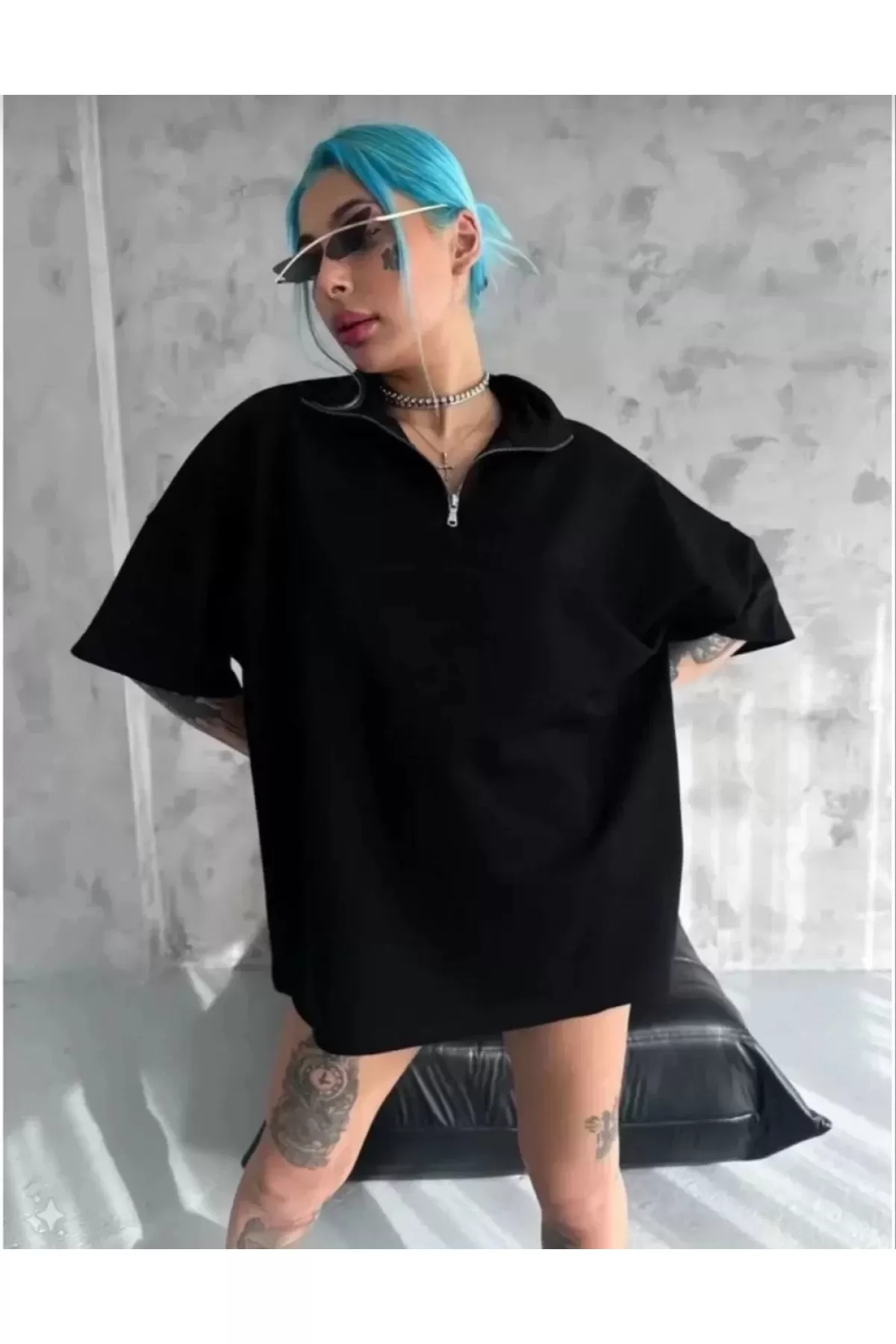 Unisex Yarım Fermuarlı Düz Oversize T-Shirt - Siyah