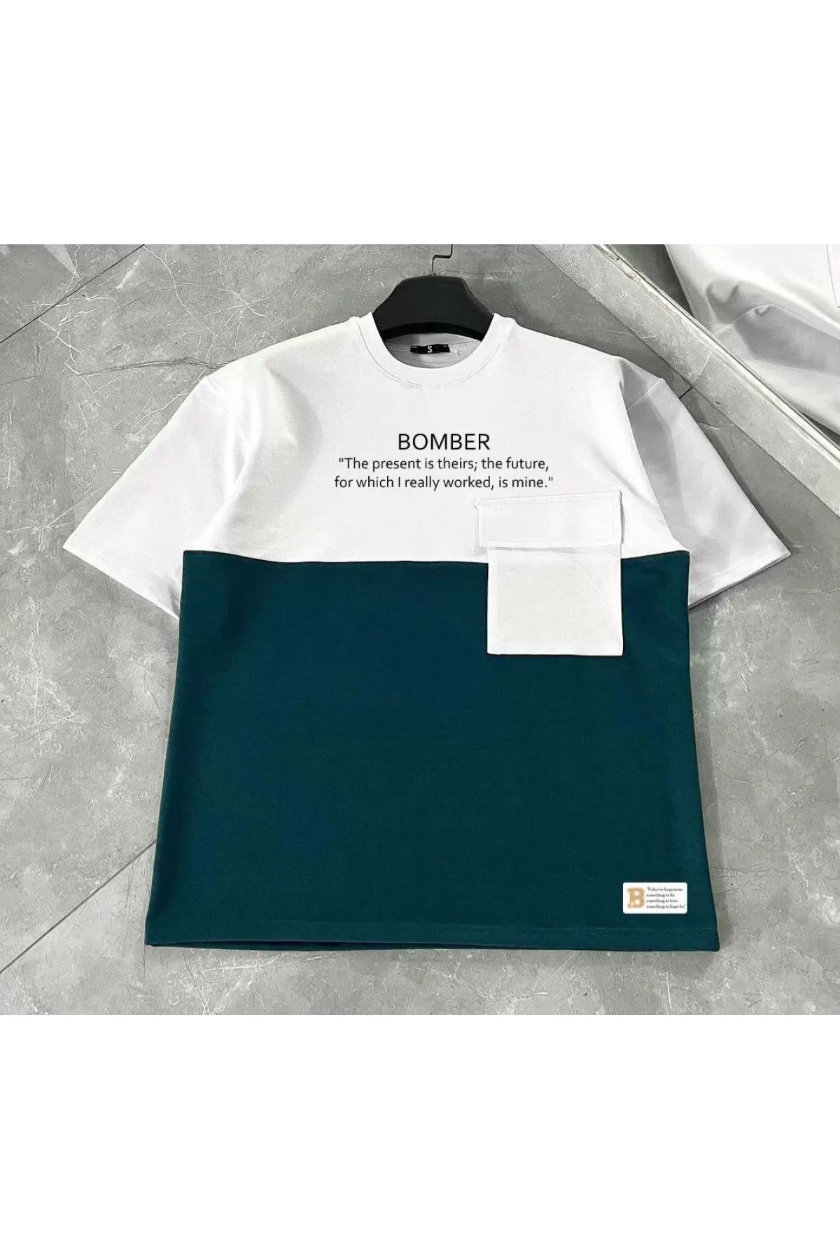 Cep Detaylı Baskılı Oversize T-Shirt - Lacivert