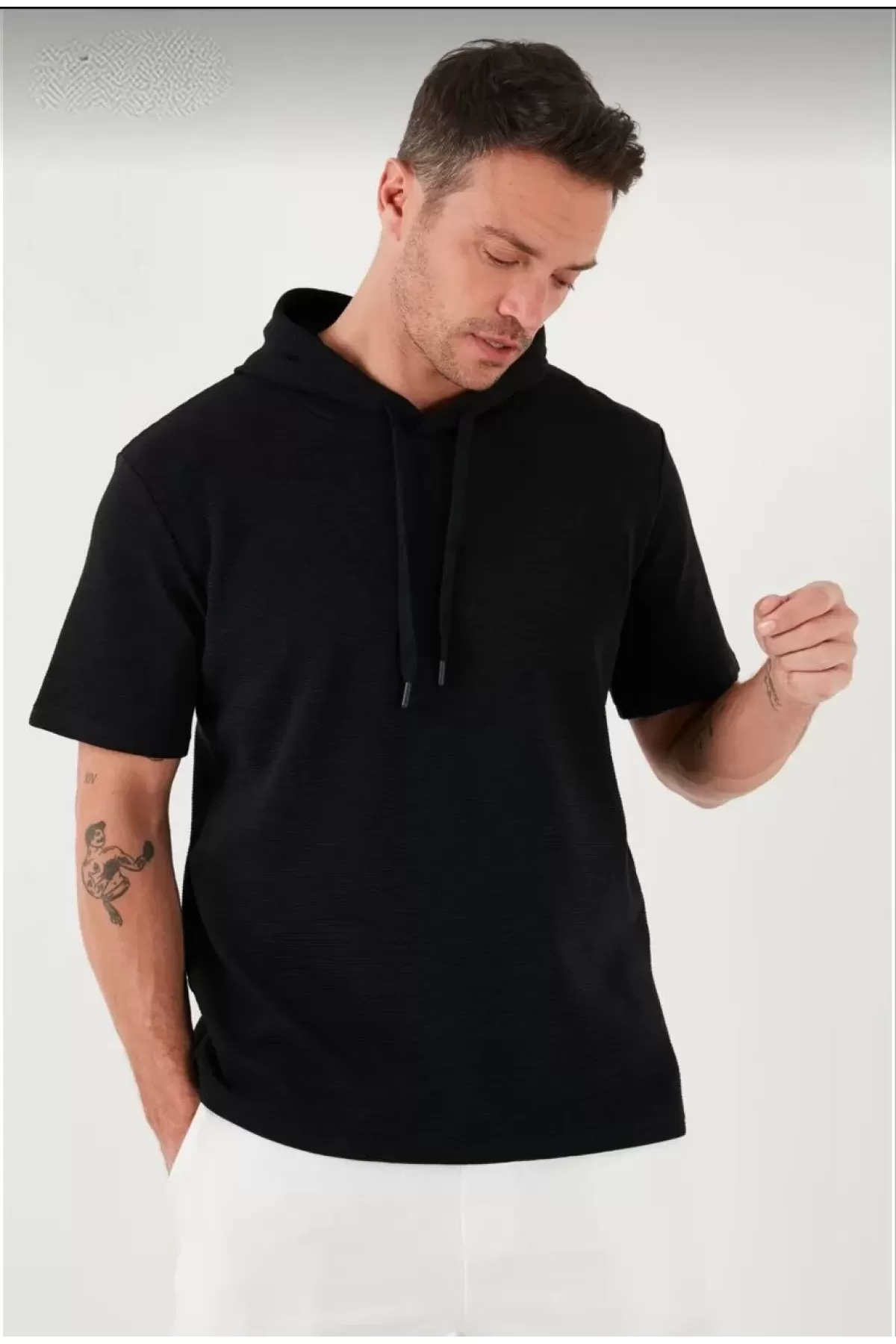 Kapşonlu Düz Oversize T-shirt - Siyah