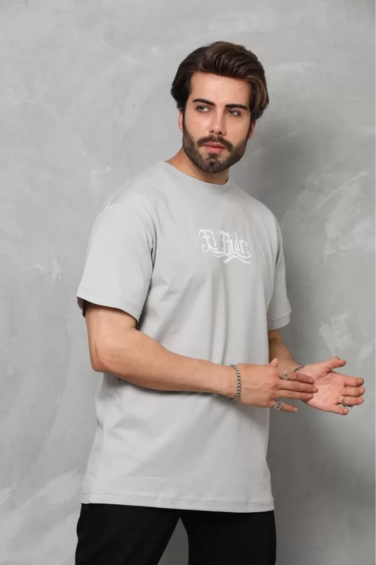 El Padre Baskılı Bisiklet Yaka Oversize Penye T-Shirt - Gri