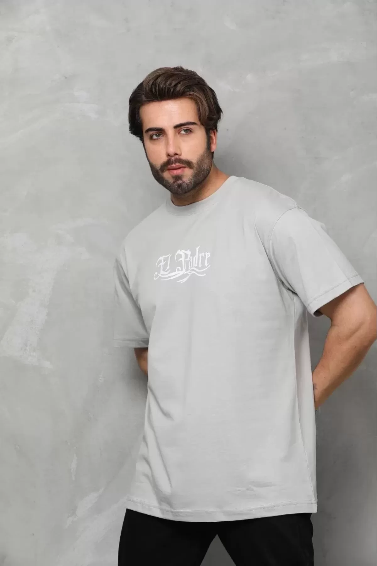 El Padre Baskılı Bisiklet Yaka Oversize Penye T-Shirt - Gri