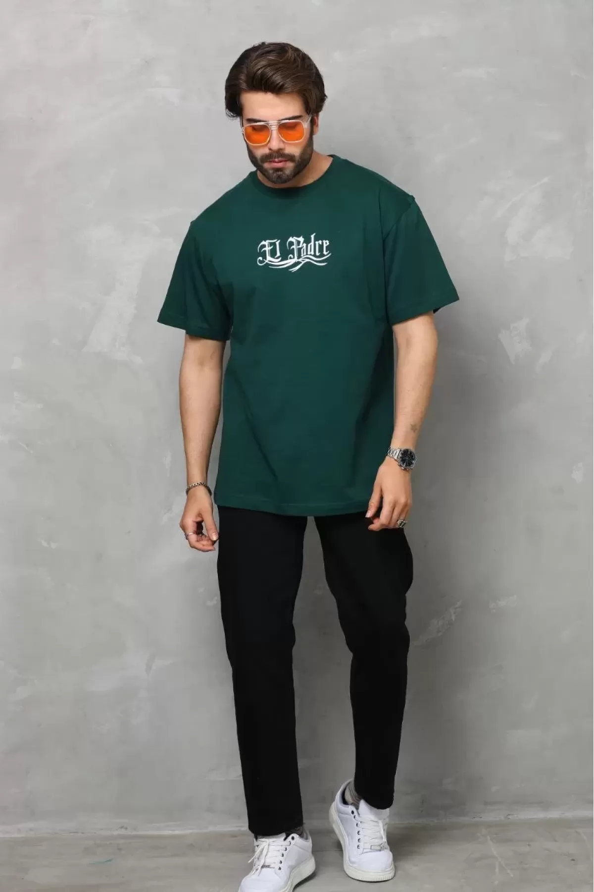 El Padre Baskılı Bisiklet Yaka Oversize Penye T-Shirt - Yeşil