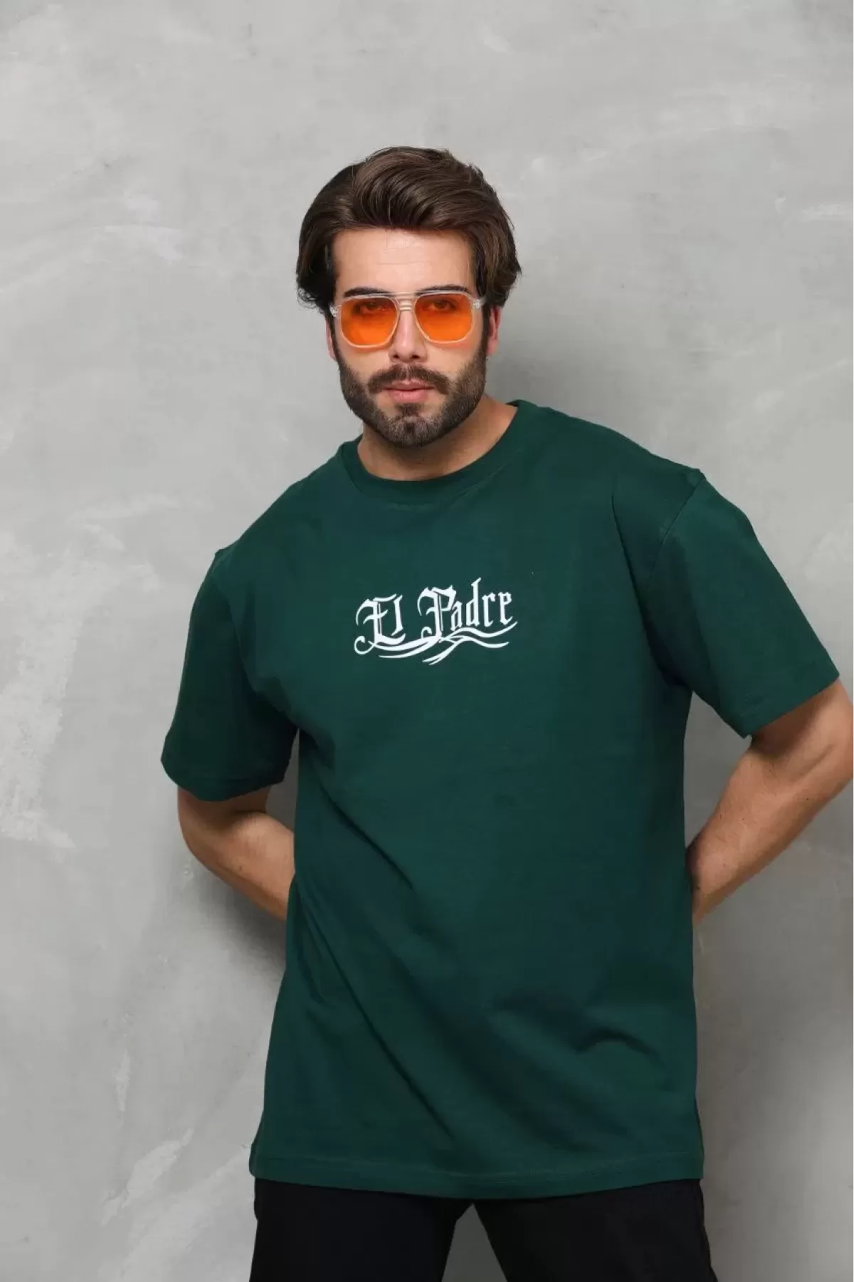 El Padre Baskılı Bisiklet Yaka Oversize Penye T-Shirt - Yeşil