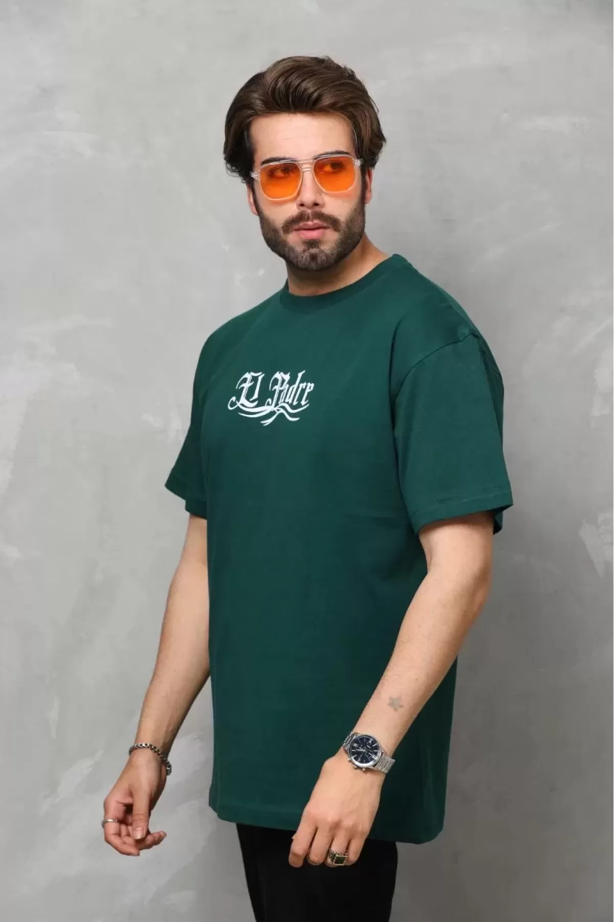 El Padre Baskılı Bisiklet Yaka Oversize Penye T-Shirt - Yeşil