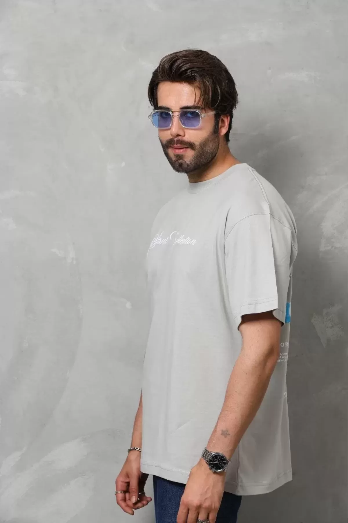 Melek Baskılı Oversize Penye T-Shirt - Gri