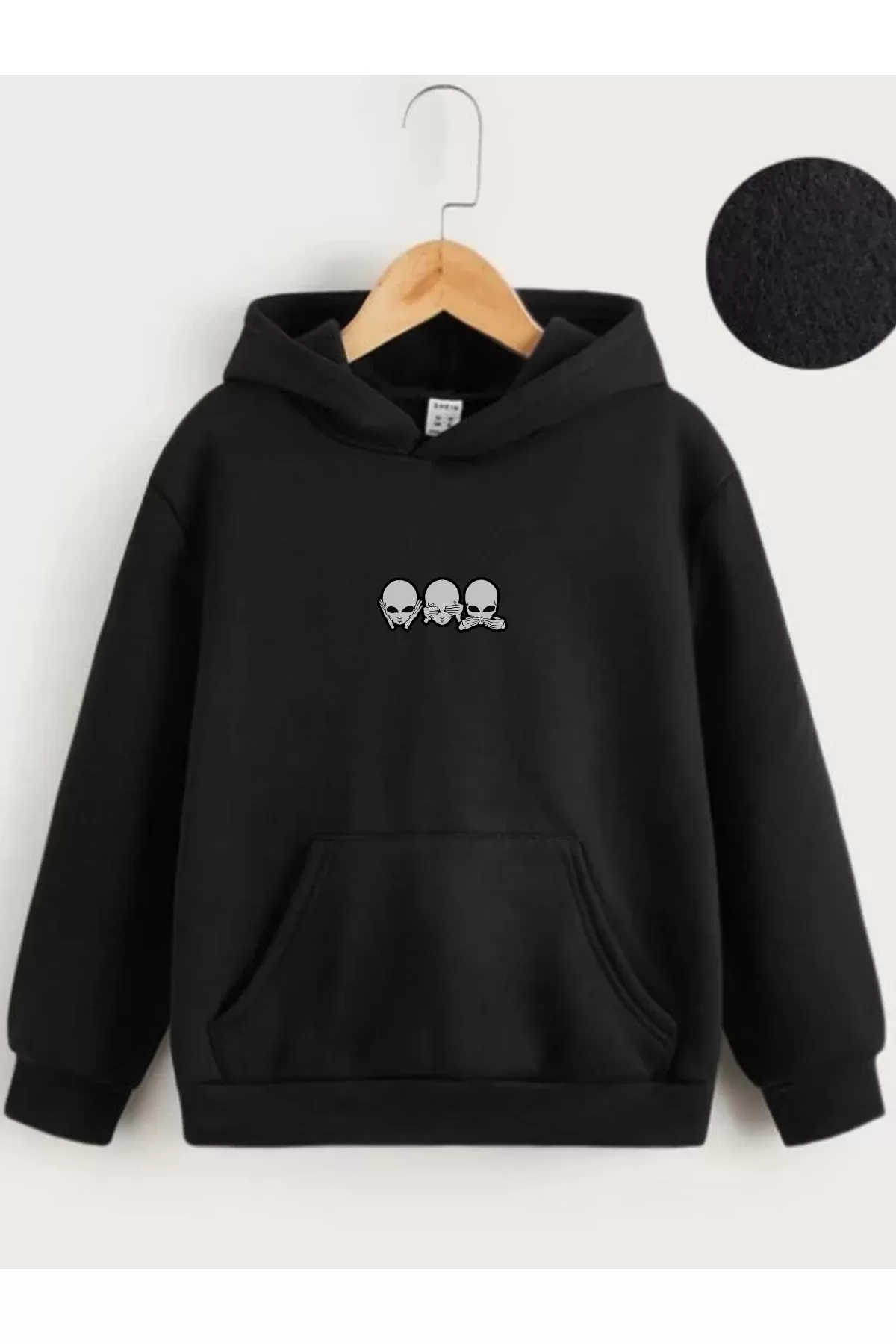 Çocuk Unisex Kapüşonlu Mini Kafa Baskılı Sweatshirt - Siyah