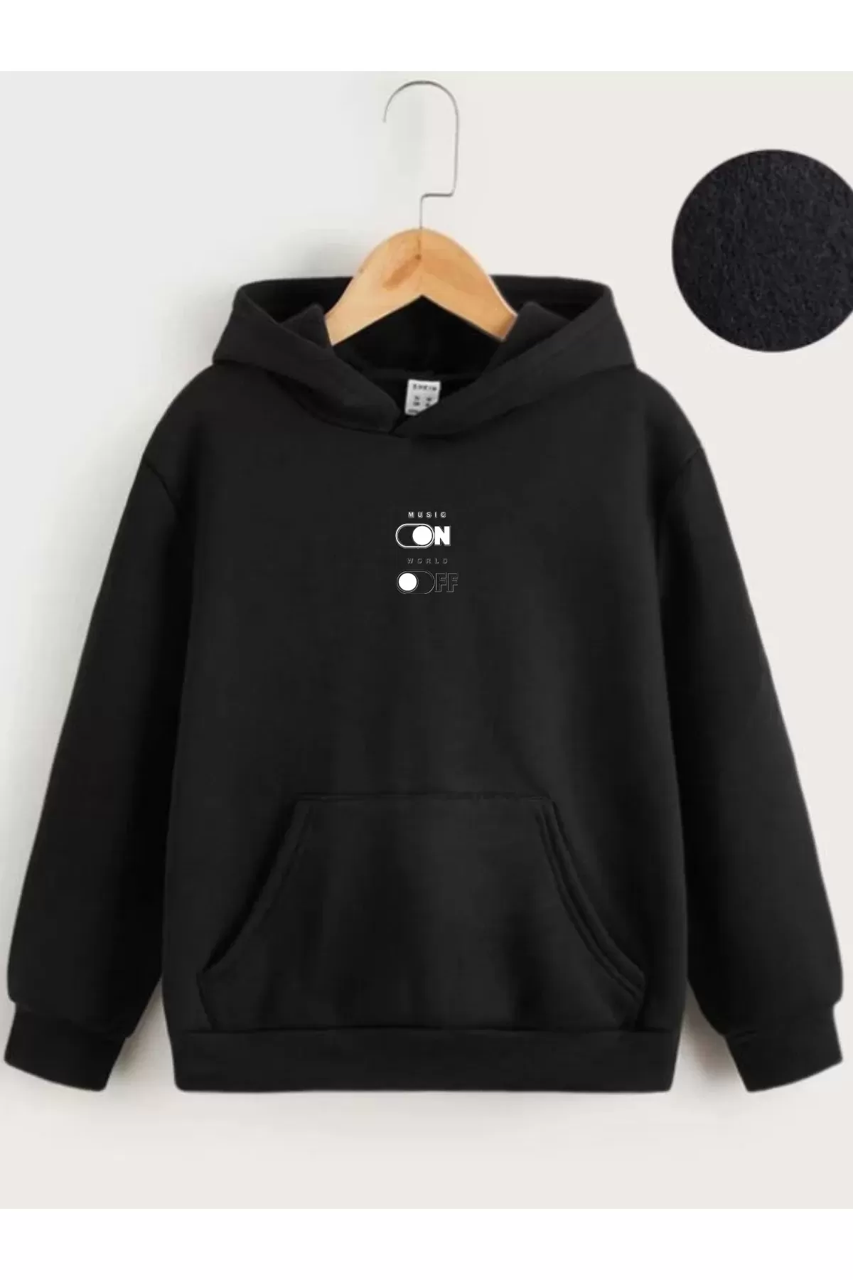 Çocuk Unisex Kapüşonlu Music On-Off Baskılı Sweatshirt - Siyah