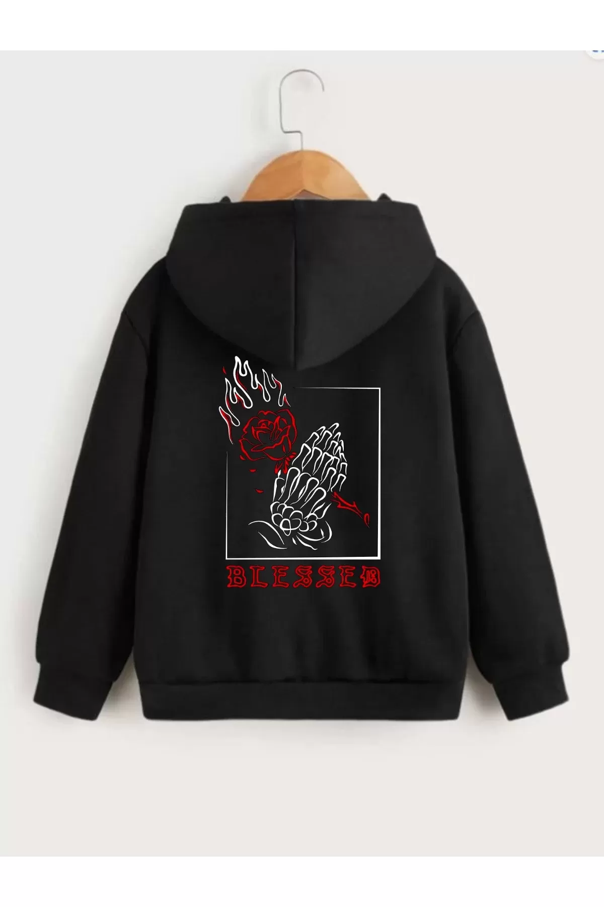 Çocuk Unisex Kapüşonlu Ön ve Arka Blessed Baskılı Sweatshirt - Siyah