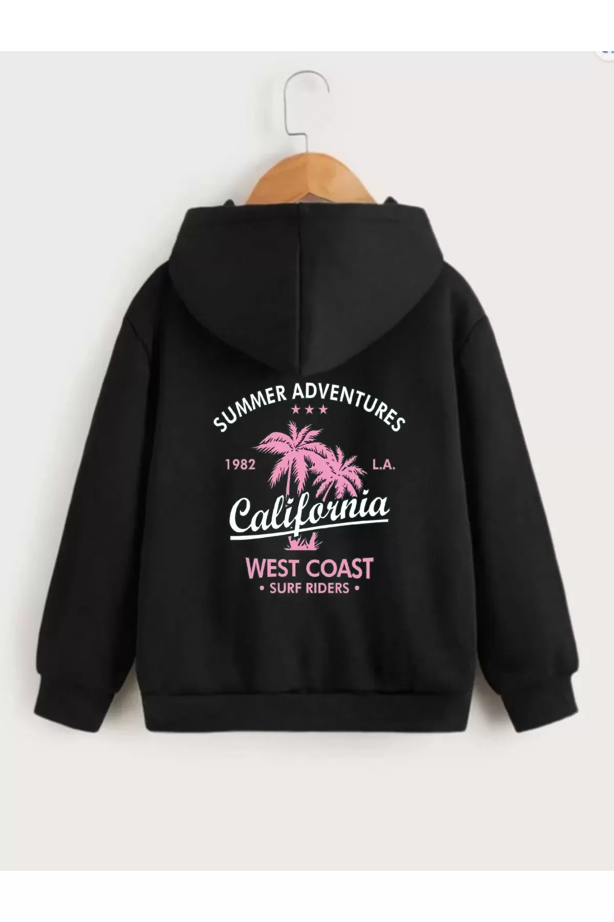 Çocuk Unisex Kapüşonlu Ön ve Arka California Baskılı Sweatshirt - Siyah