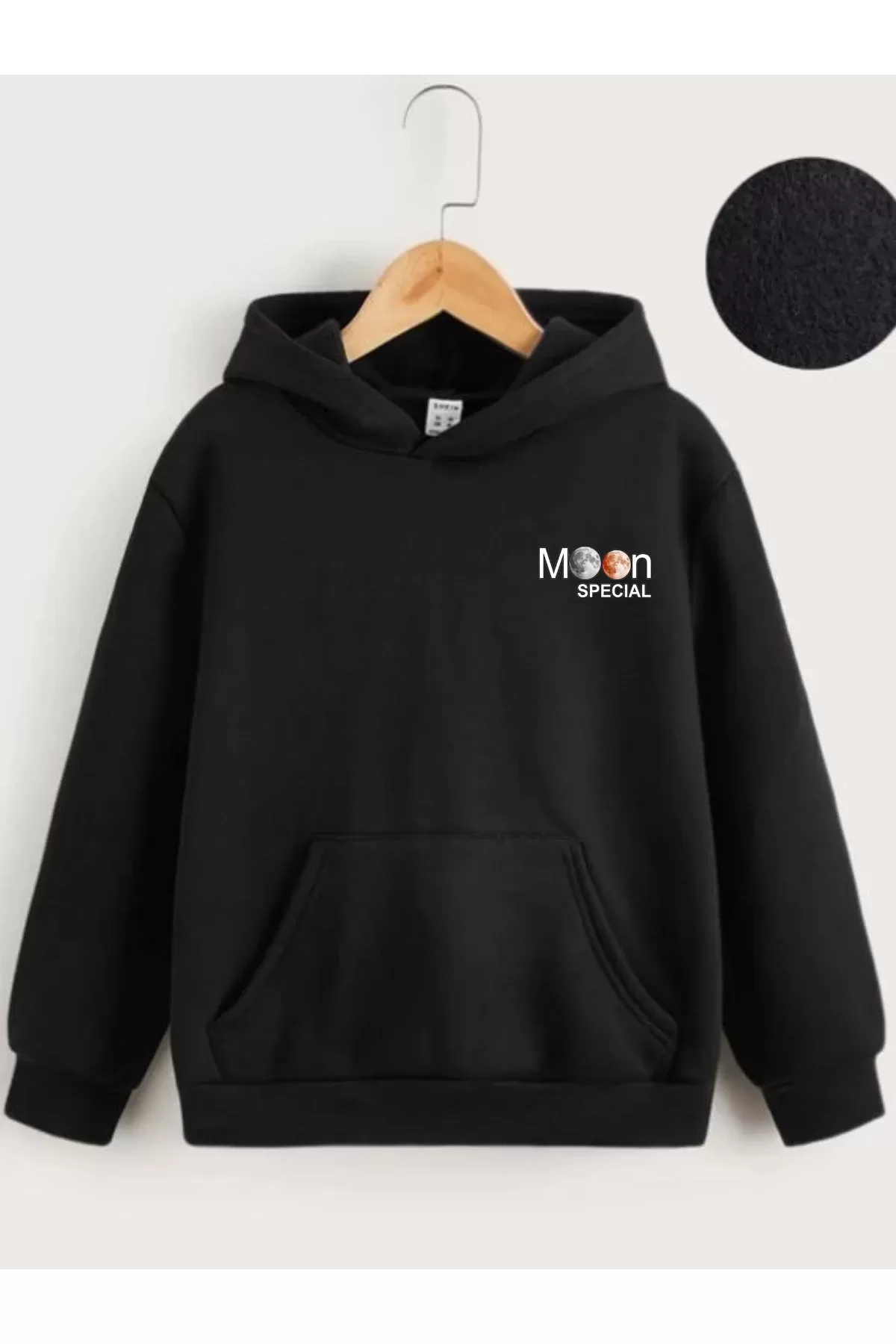 Çocuk Unisex Kapüşonlu Ön ve Arka Moon Special Baskılı Sweatshirt - Siyah