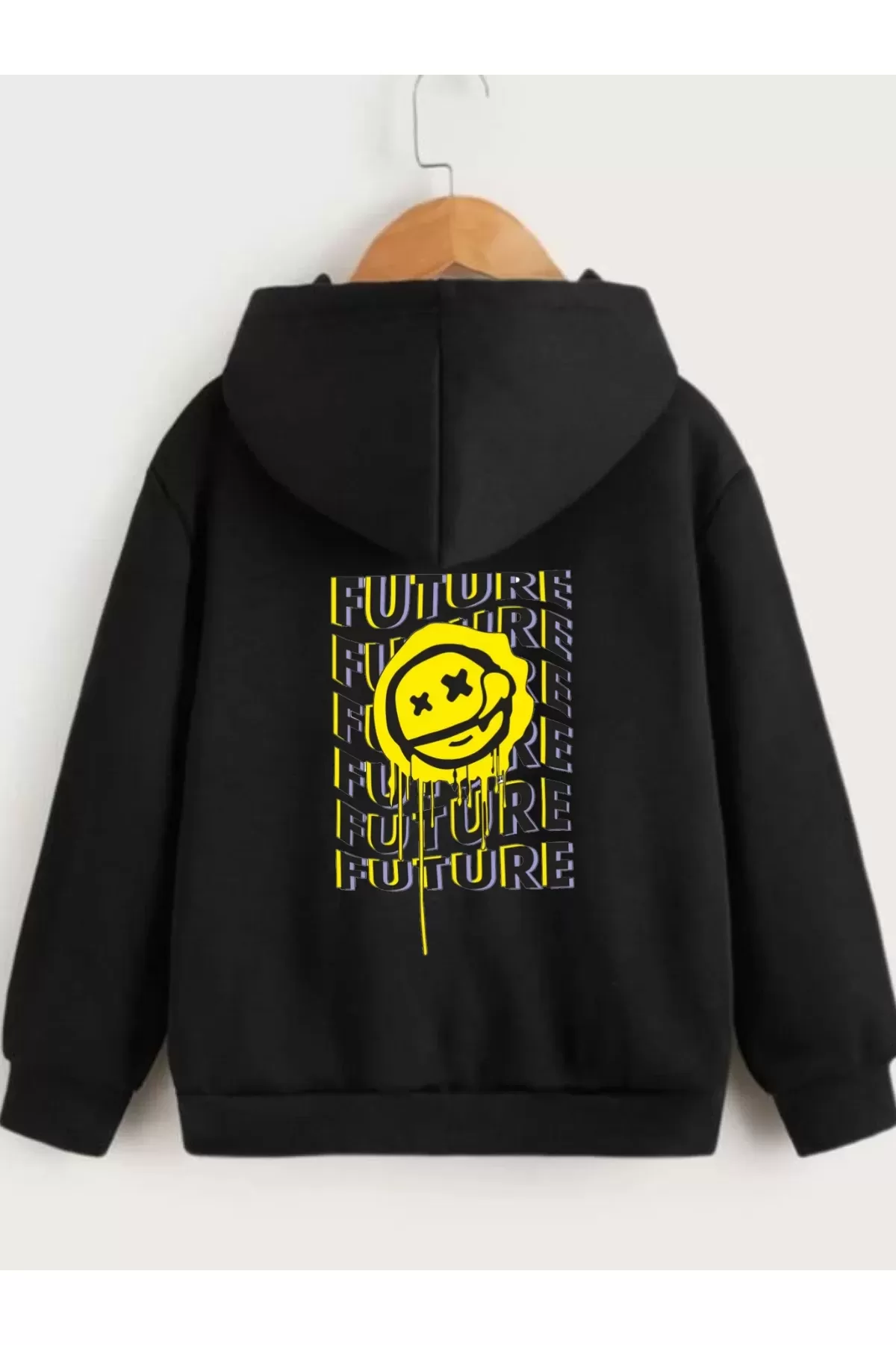 Çocuk Unisex Kapüşonlu Ön ve Arka Emoji Baskılı Sweatshirt - Siyah