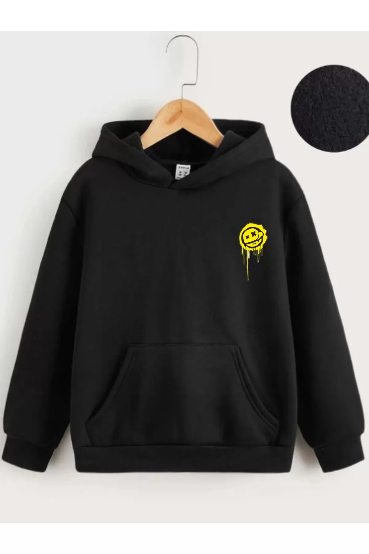 Çocuk Unisex Kapüşonlu Ön ve Arka Emoji Baskılı Sweatshirt - Siyah