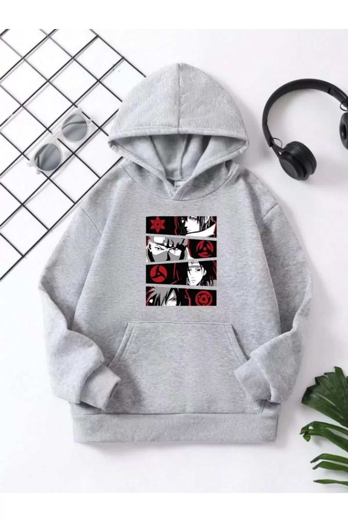 Çocuk Unisex Kapüşonlu Anime Baskılı Sweatshirt - Gri