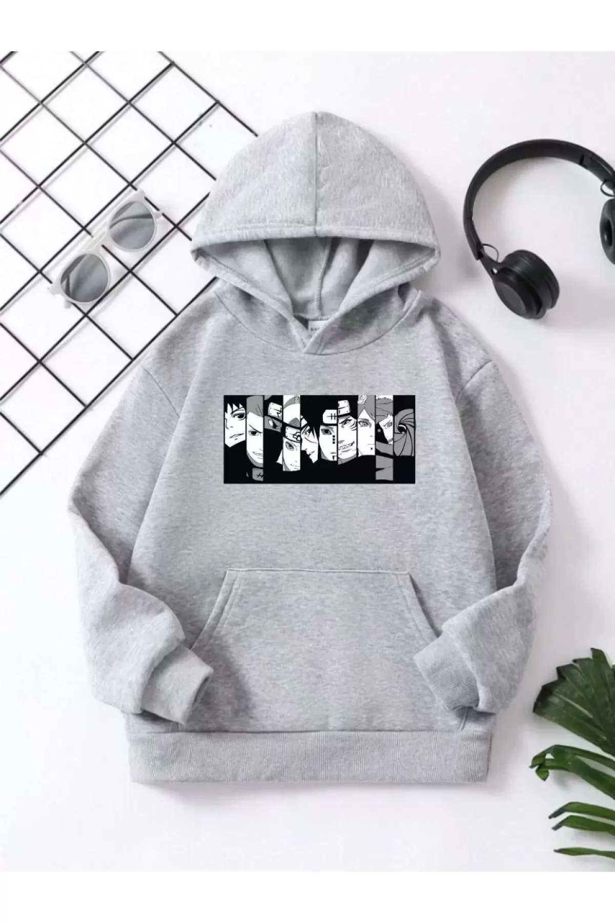 Çocuk Unisex Kapüşonlu Koyu Anime Baskılı Sweatshirt - Gri