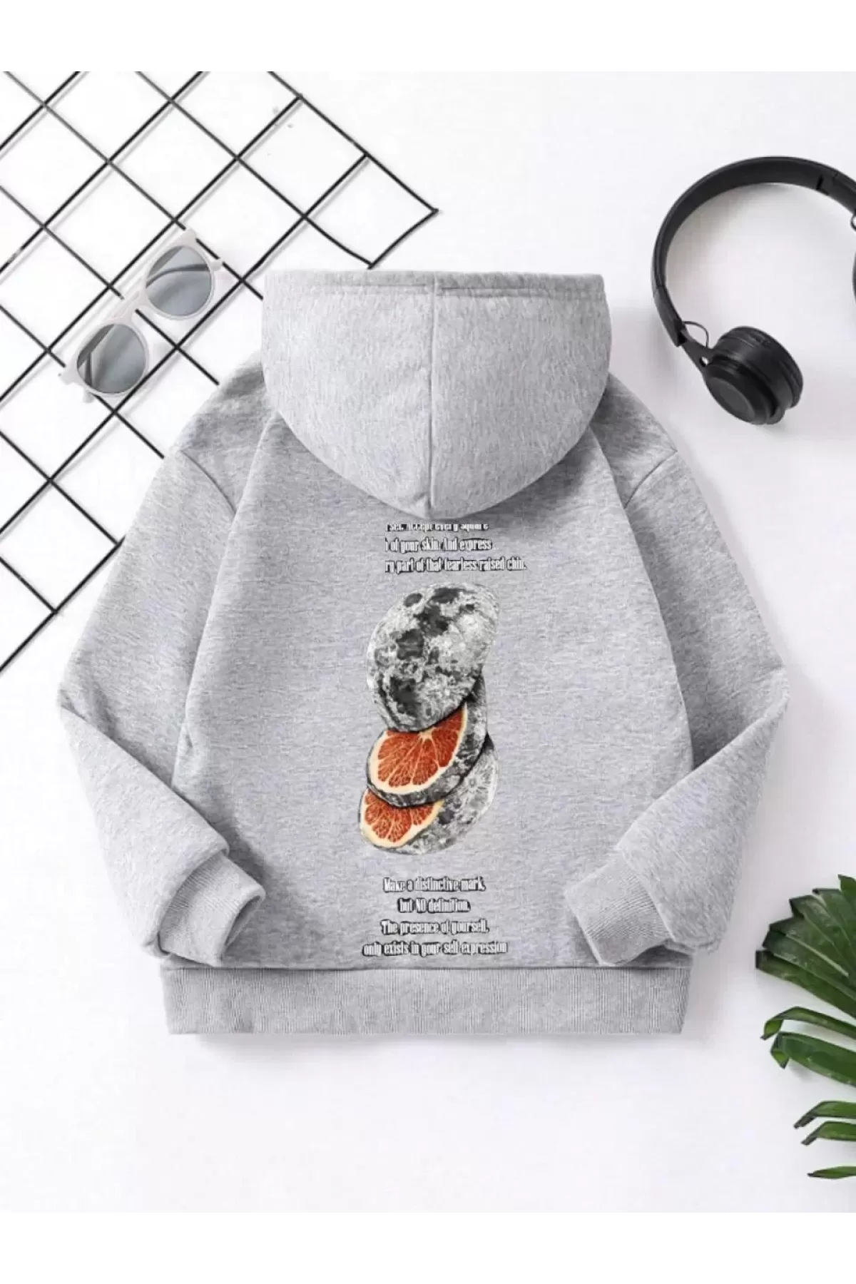 Çocuk Unisex Kapüşonlu Ön ve Arka Moon Special Baskılı Sweatshirt - Gri