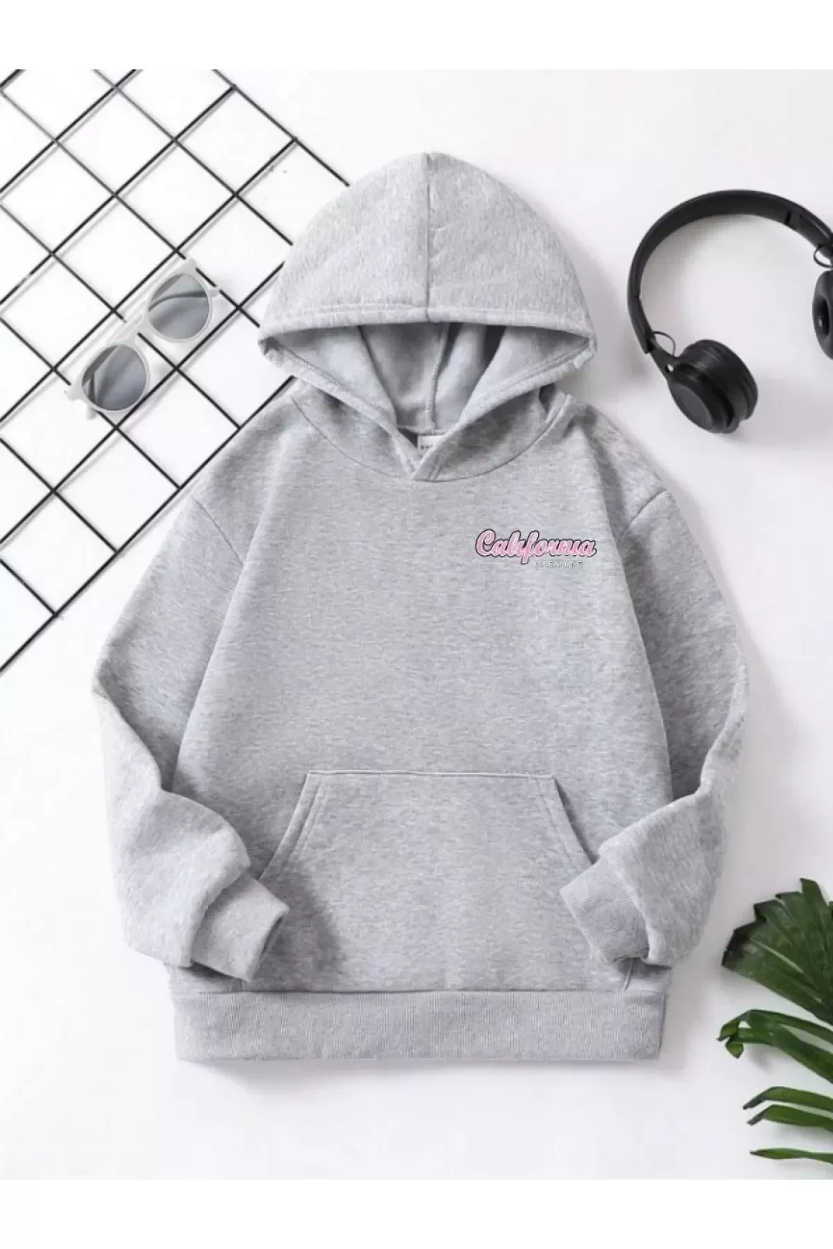 Çocuk Unisex Kapüşonlu Ön ve Arka California Baskılı Sweatshirt - Gri