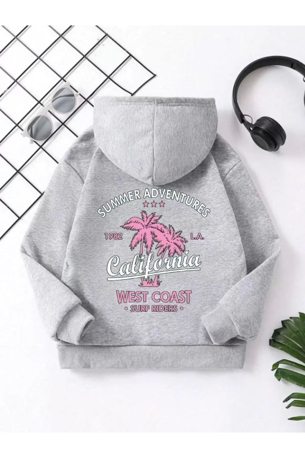 Çocuk Unisex Kapüşonlu Ön ve Arka California Baskılı Sweatshirt - Gri