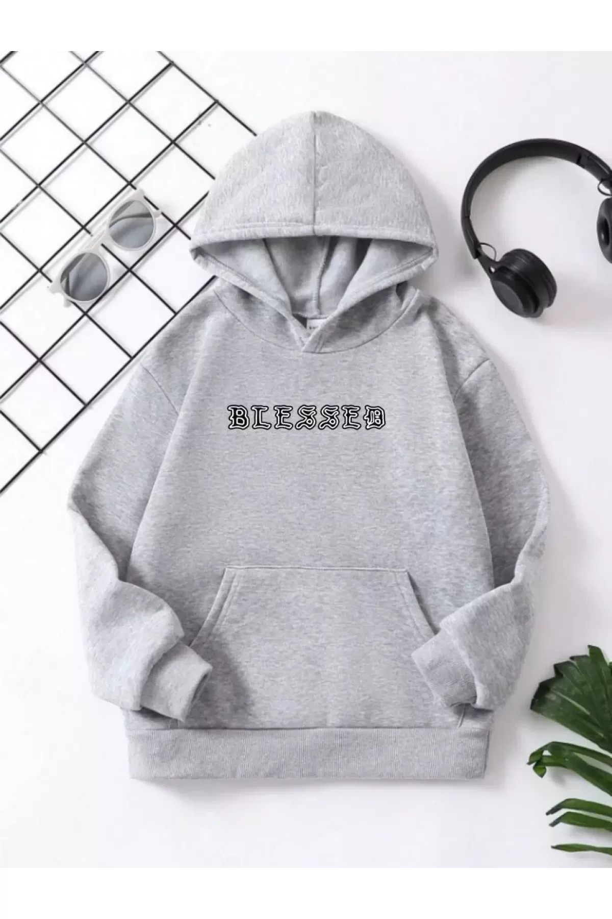 Çocuk Unisex Kapüşonlu Ön ve Arka Blessed Baskılı Pamuklu Sweatshirt - Gri