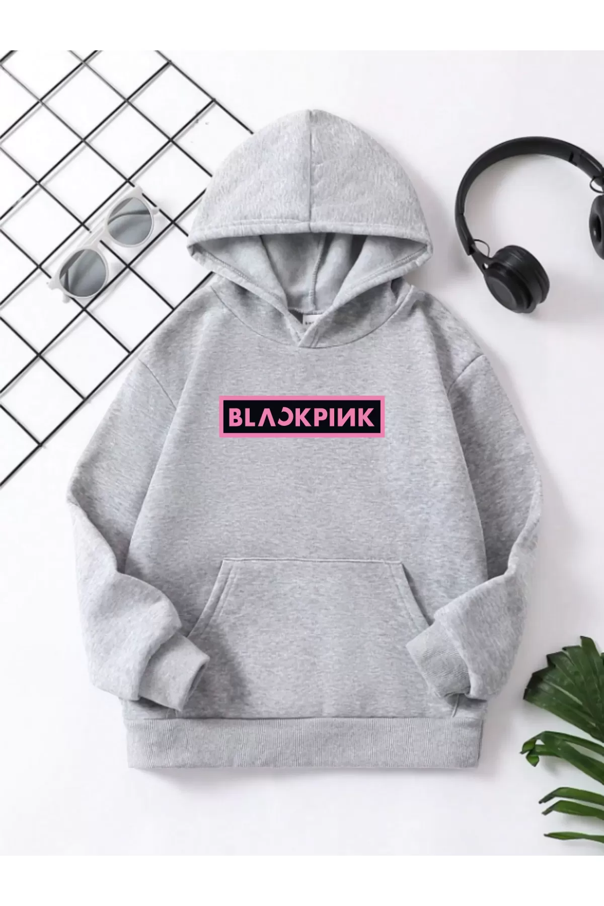 Çocuk Unisex Kapüşonlu Blackpink Baskılı Pamuklu Sweatshirt - Gri