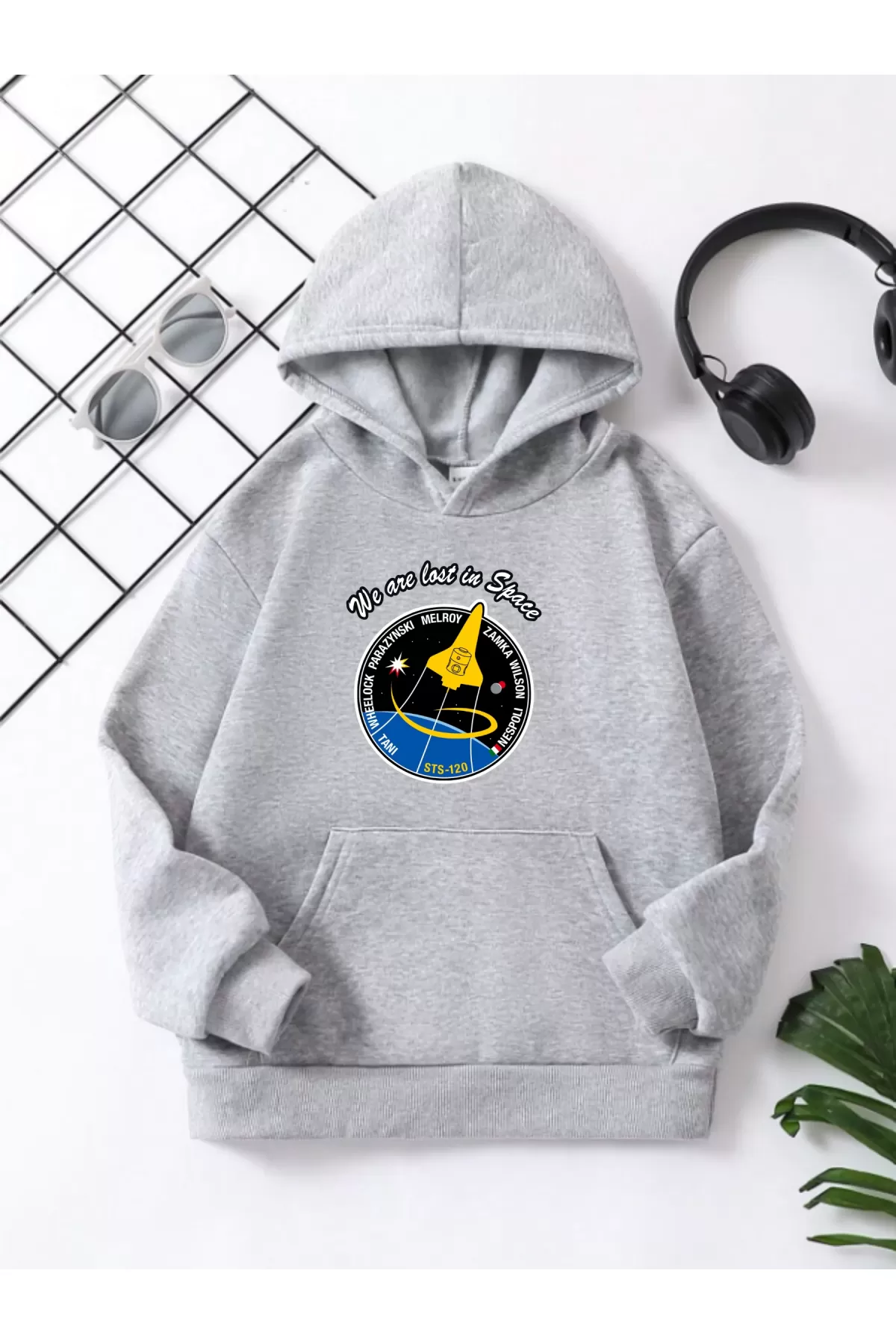 Çocuk Unisex Kapüşonlu Space Baskılı Pamuklu Sweatshirt - Gri