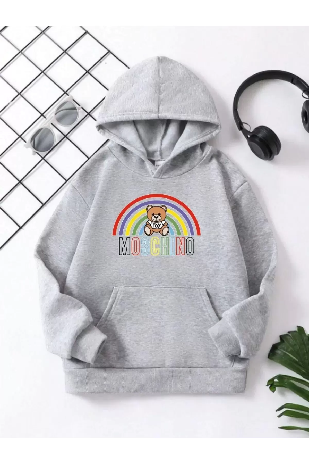 Çocuk Unisex Kapüşonlu Büyük Gökkuşağı Baskılı Pamuklu Sweatshirt - Gri