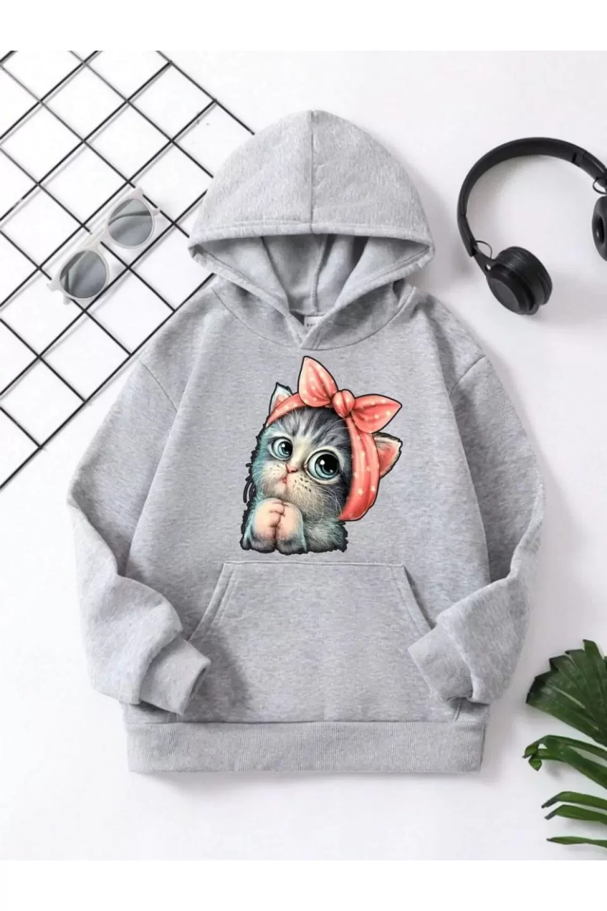 Çocuk Unisex Kapüşonlu Tatlı Kedi Baskılı Pamuklu Sweatshirt - Gri