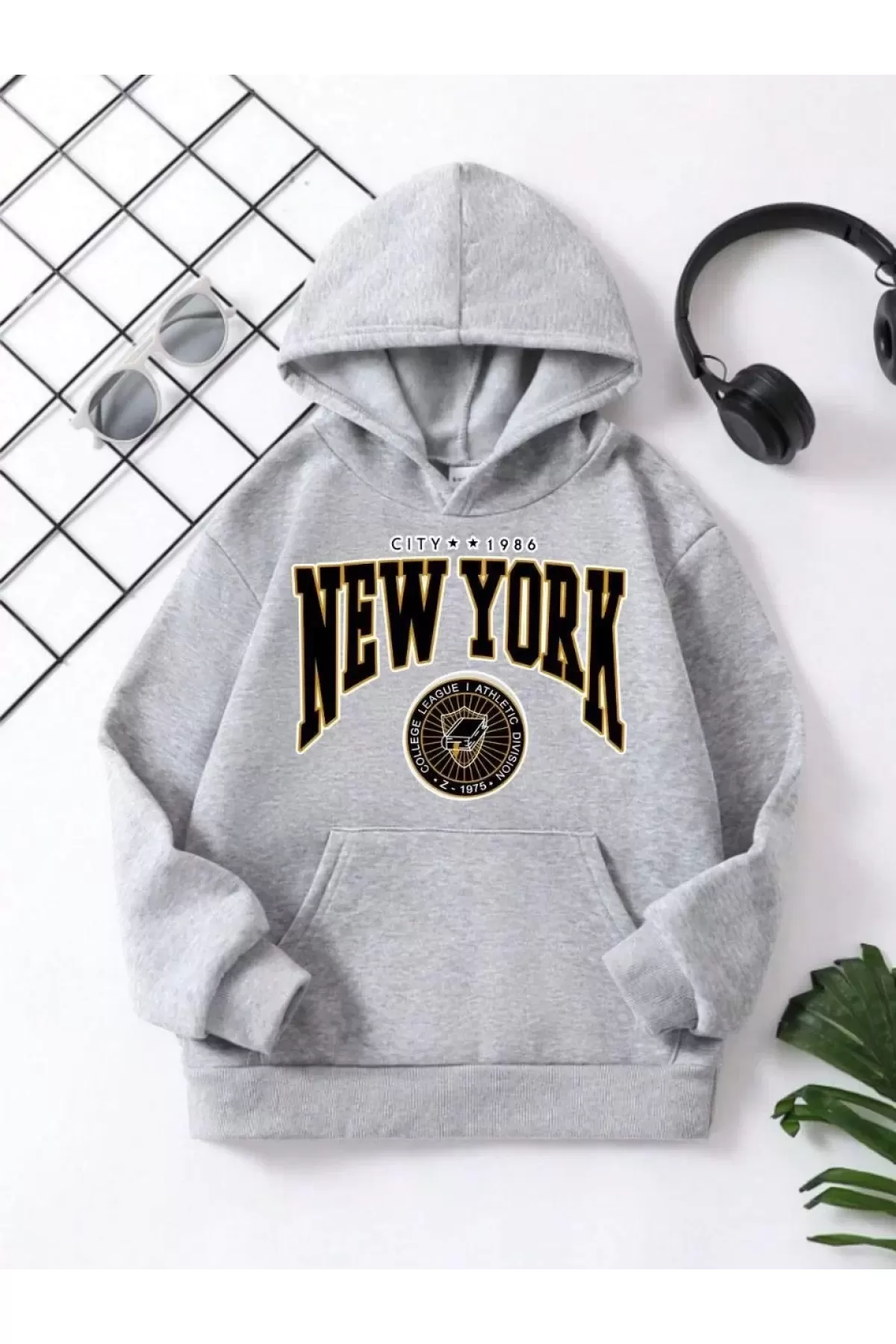 Çocuk Unisex Kapüşonlu Sarı New York Baskılı Pamuklu Sweatshirt - Gri