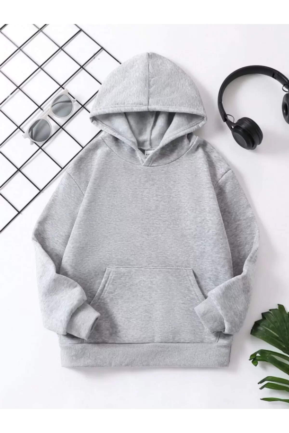 Çocuk Unisex Kapüşonlu Düz Renk Pamuklu Sweatshirt - Gri