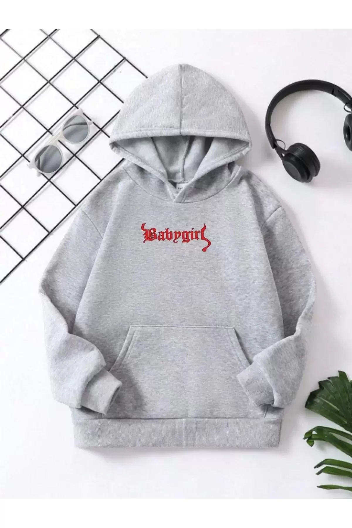 Çocuk Unisex Kapüşonlu Babygirl Baskılı Sweatshirt - Gri