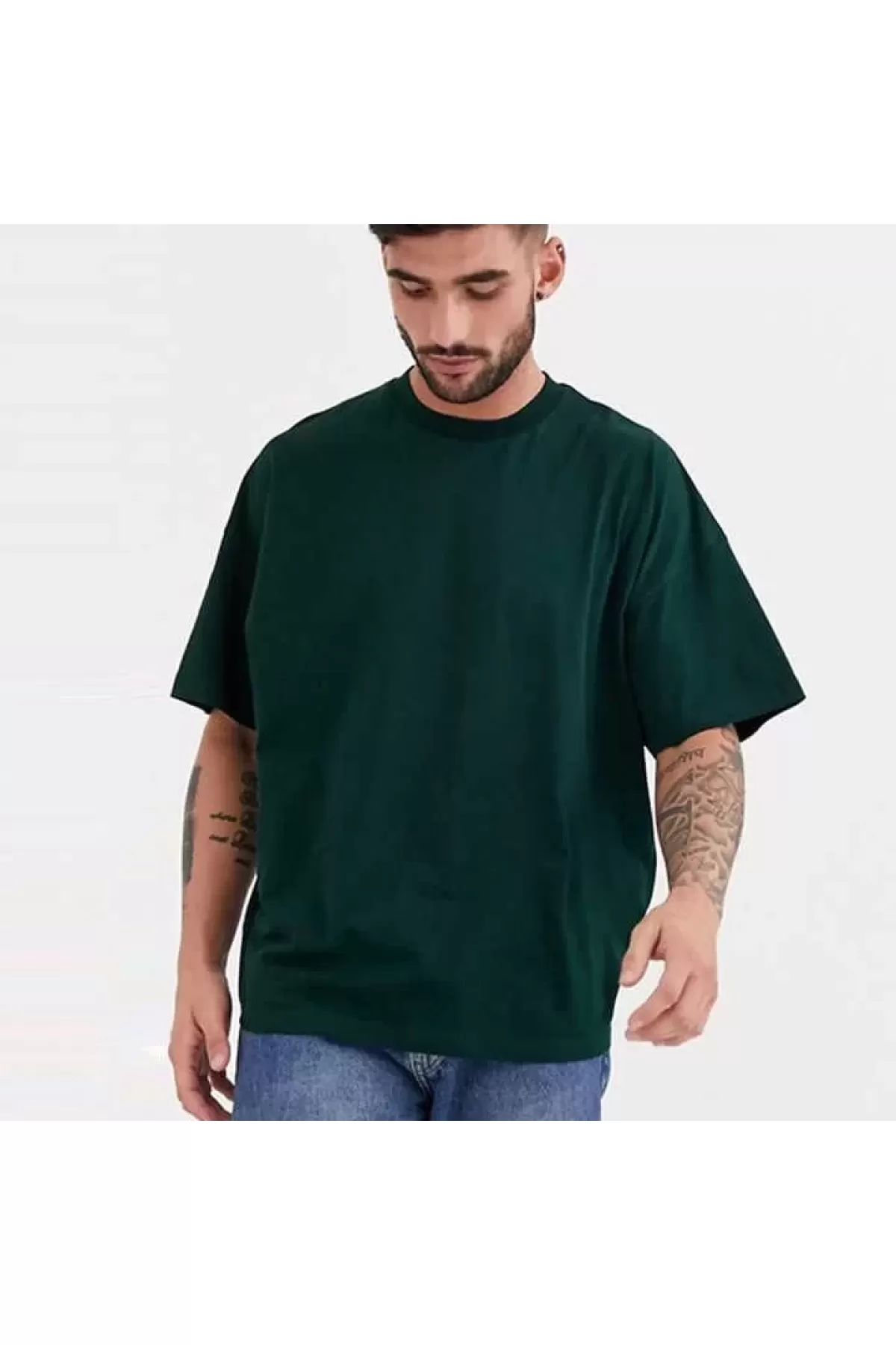 Düz Bisiklet Yaka Oversize Penye T-Shirt- Haki