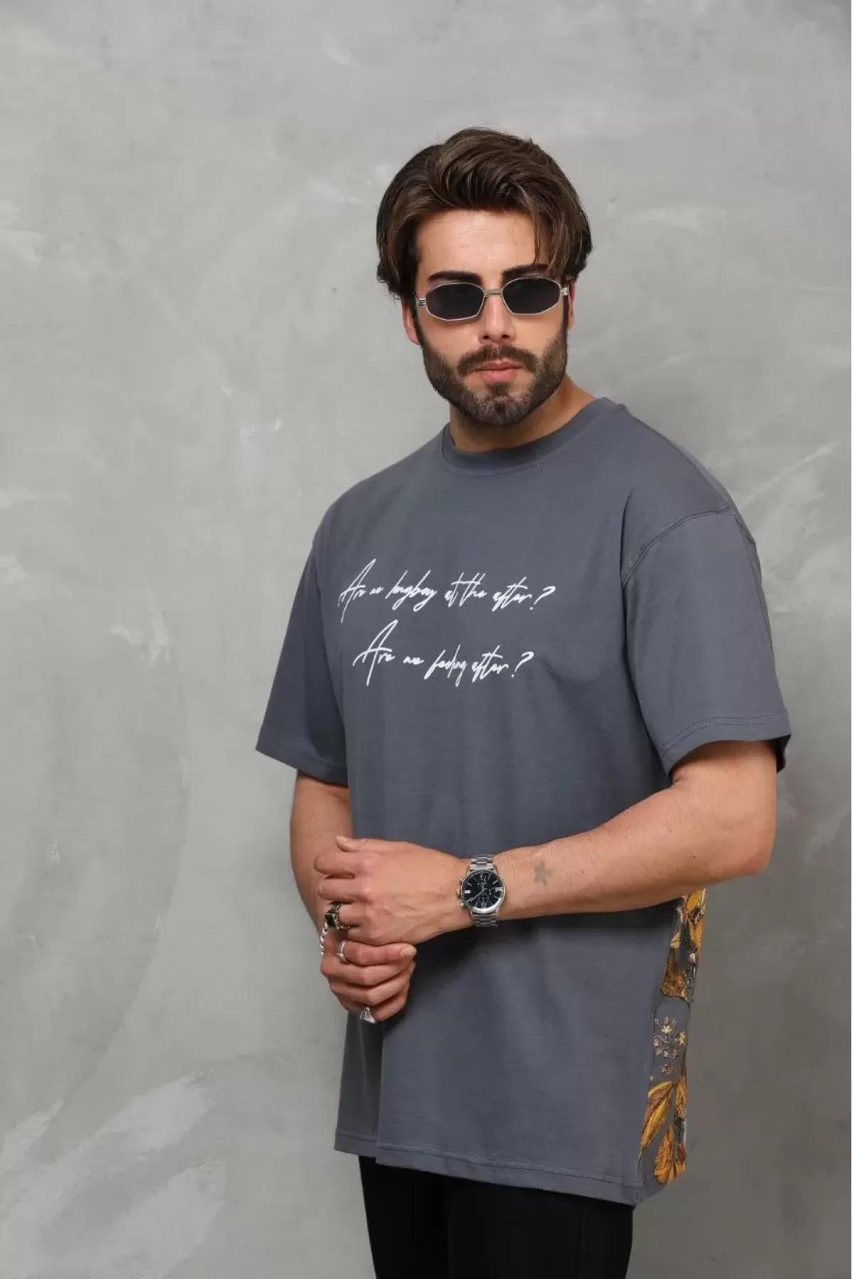 Baskılı Bisiklet Yaka Oversize Penye T-Shirt - Füme