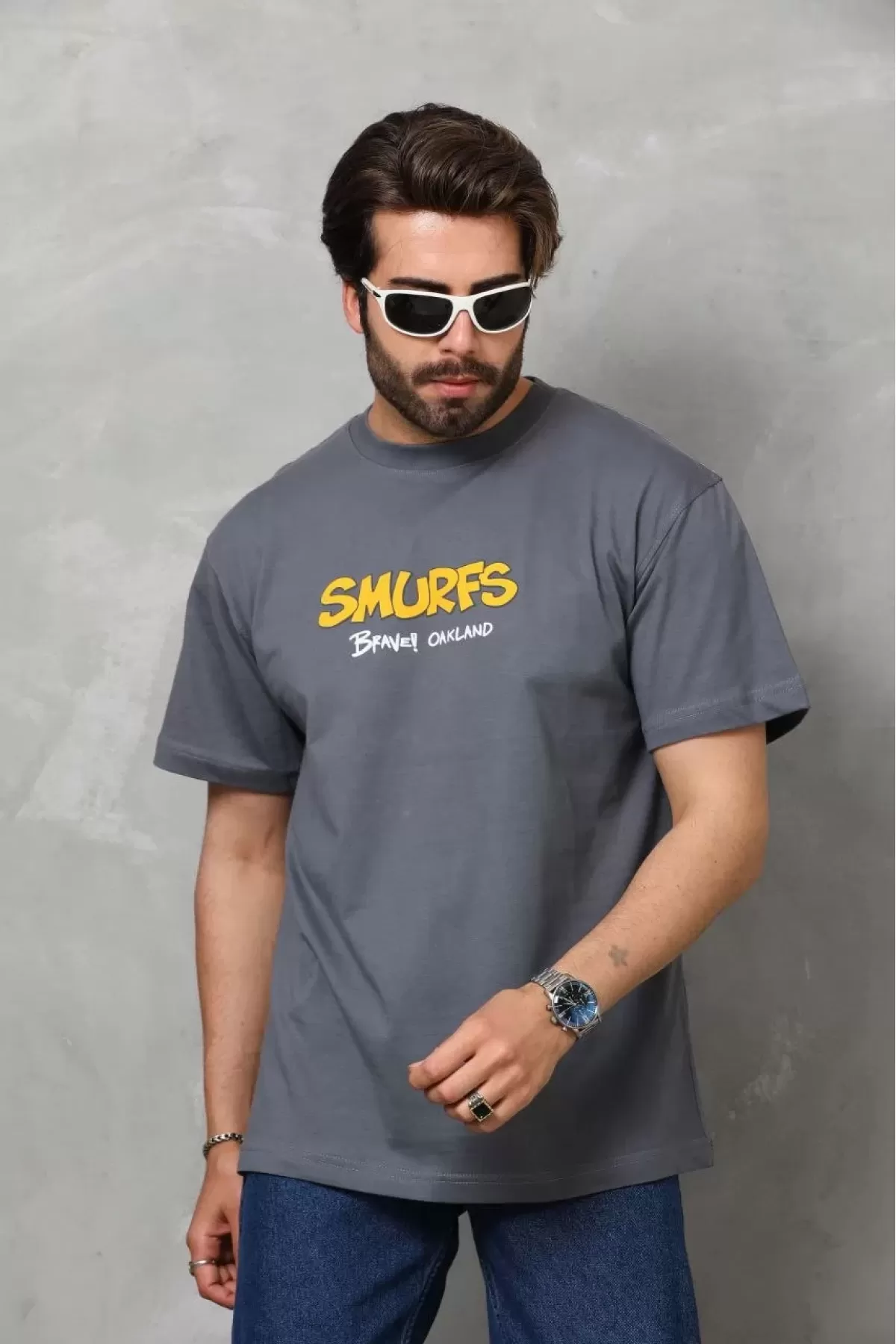 Smurfs Baskılı Bisiklet Yaka Oversize Penye T-Shirt - Füme