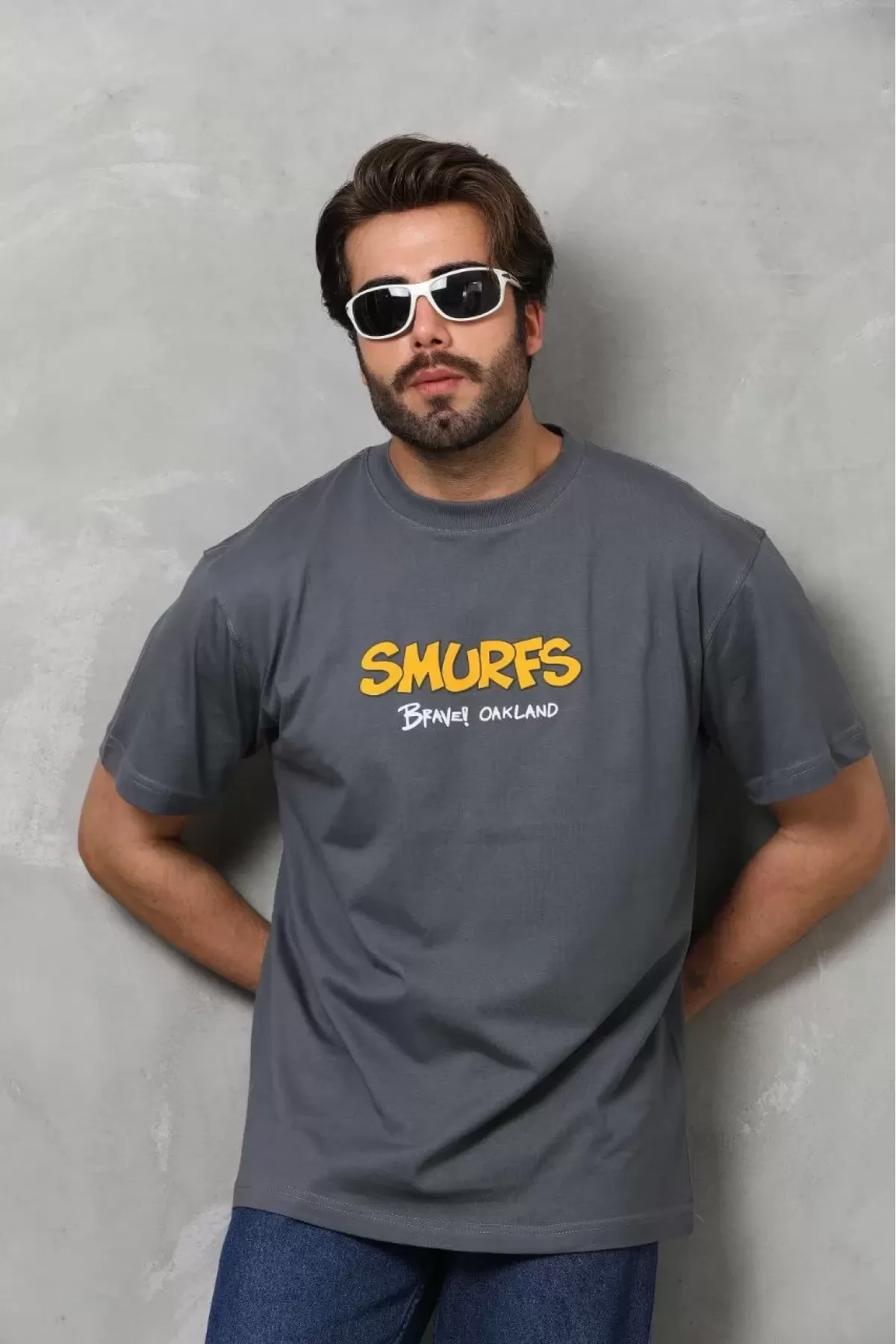 Smurfs Baskılı Bisiklet Yaka Oversize Penye T-Shirt - Füme