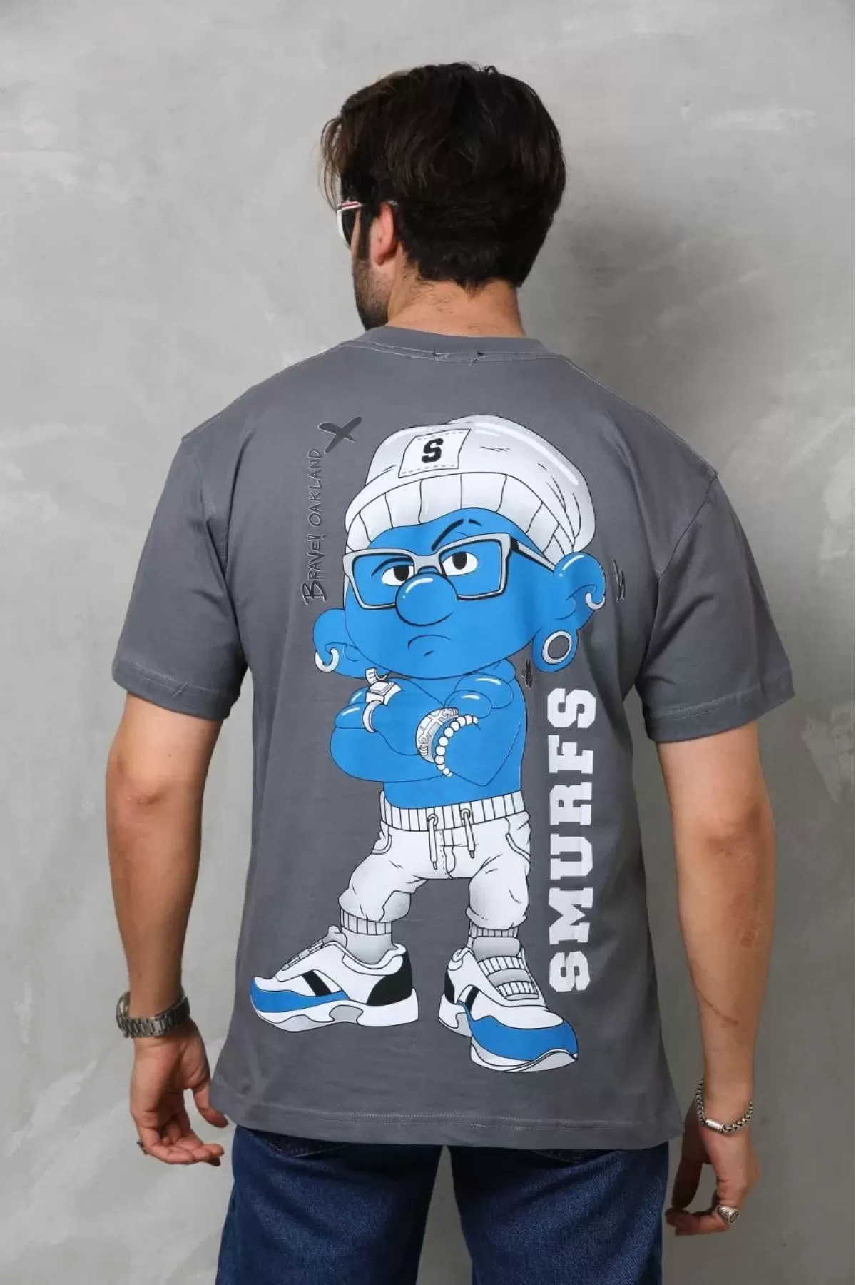 Smurfs Baskılı Bisiklet Yaka Oversize Penye T-Shirt - Füme